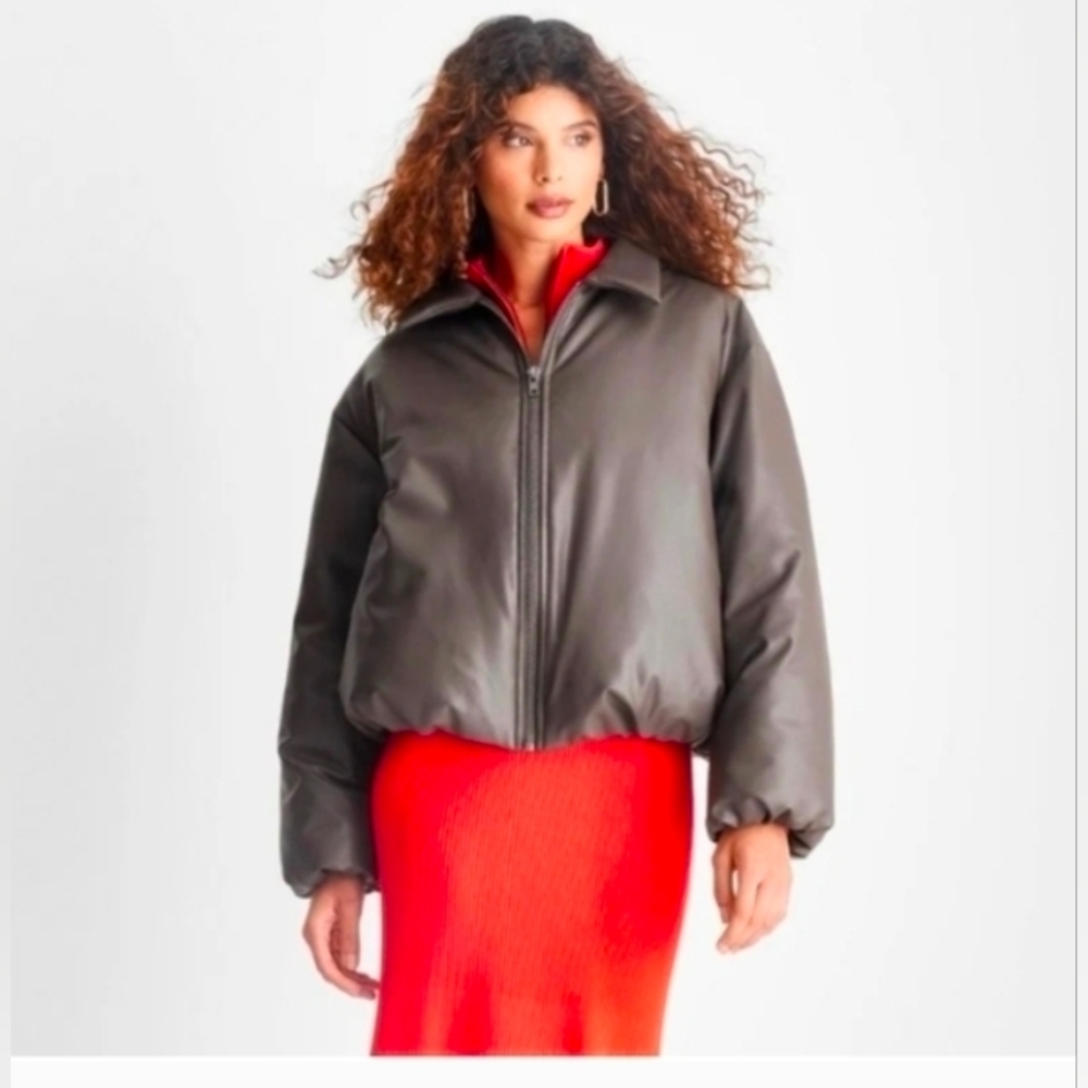 Future Collective Women's Faux Leather Puffer Jacket Dark Gray - Picture 2 of 10